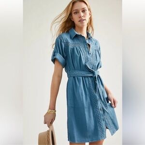 Anthropologie Blue Rilke Lace crochet Mini Shirtdress size L